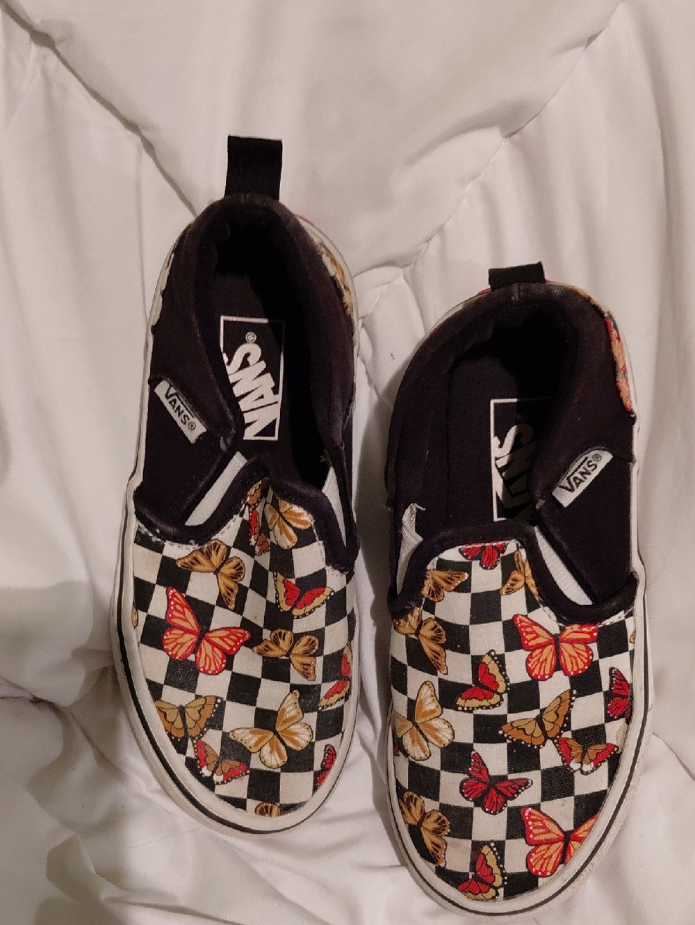 Vans Kids Checkerboard Butterfly Slip-On Sneakers - Black, White, Red, Gold